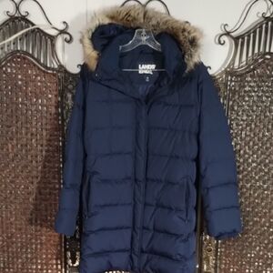 Lands End Women M Dark Blue Puffer Jacket with Faux Fur Trim 2 Zip Side Pockets